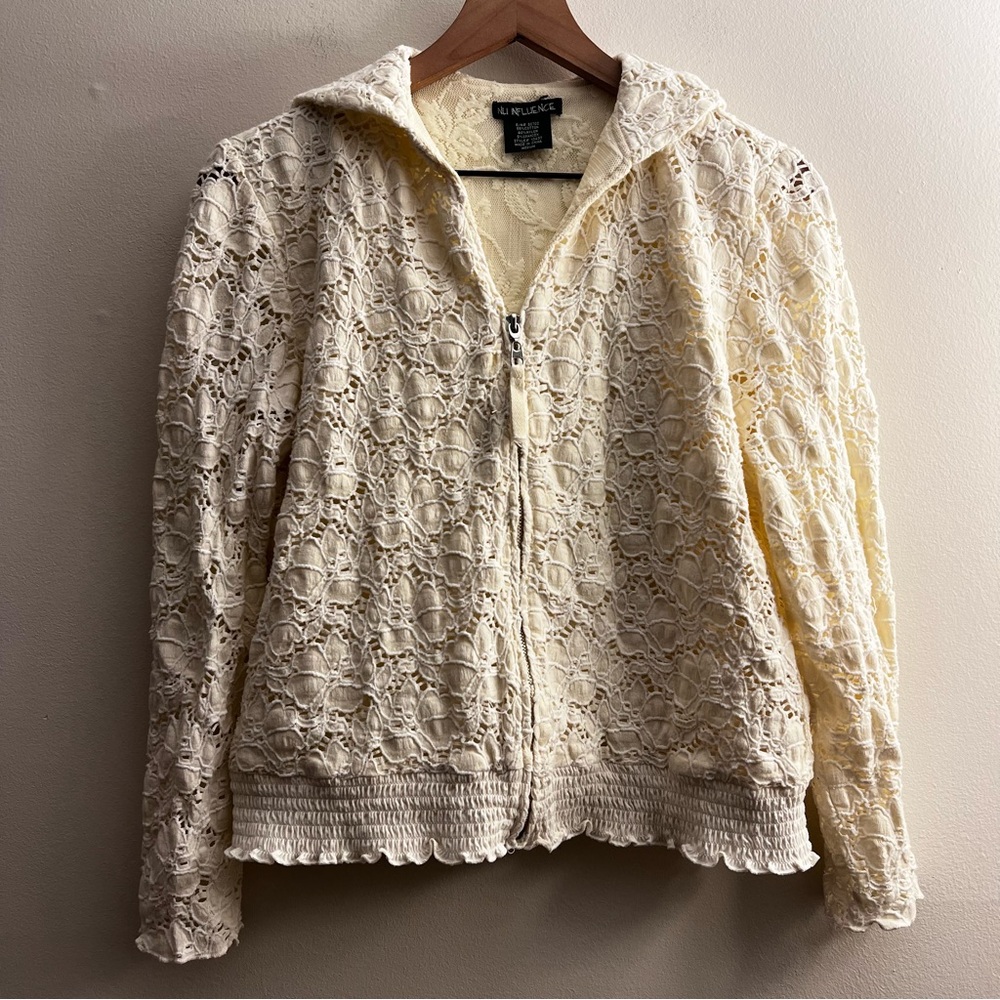 Nu Influence cream floral Eyelet full zip hoodie Jacket  smock peasant M